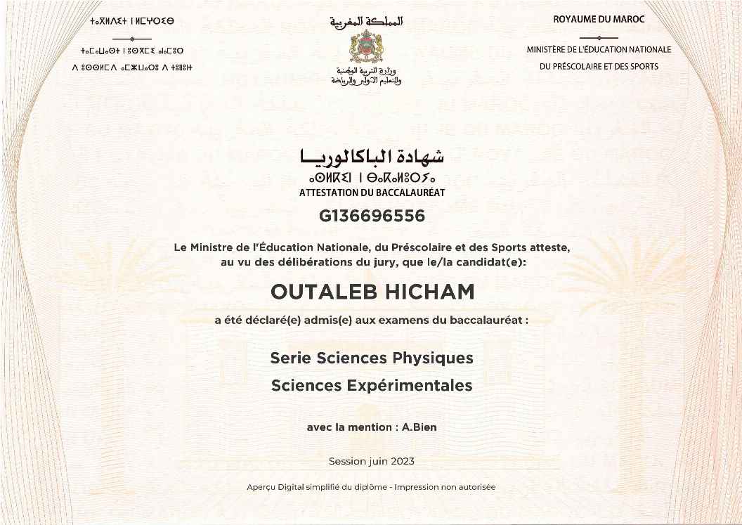 Diploma issued by MEN to OUTALEB HICHAM